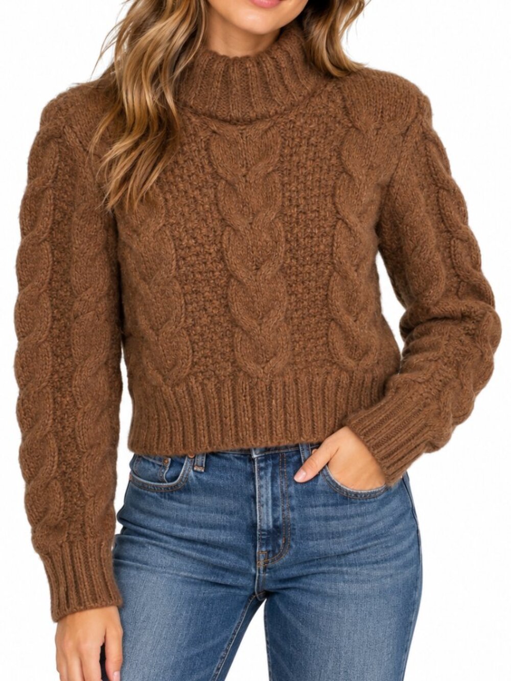 AMERICAN EAGLE Mock Neck Cable Knit Sweater Chocolate Brown XS Chunky Neutral